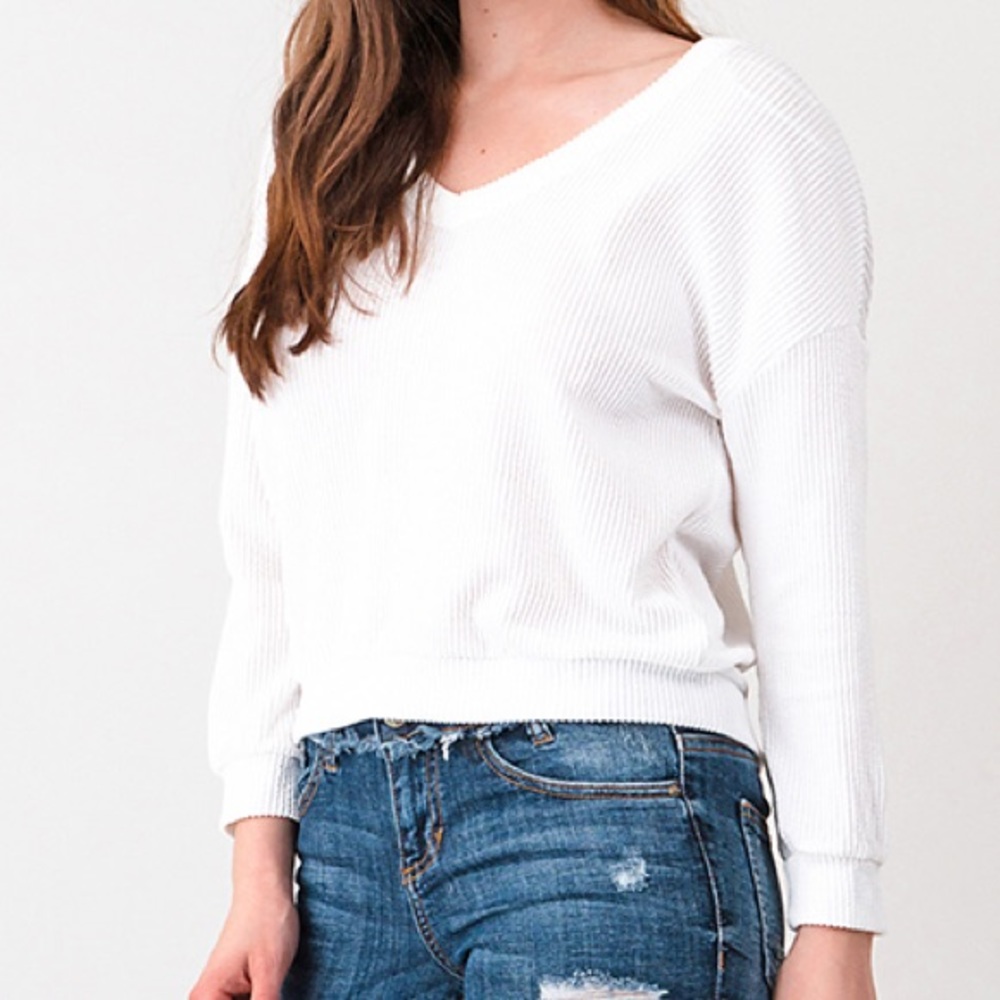 White Ribbed Lace Up Sweater - Picture 4 of 5